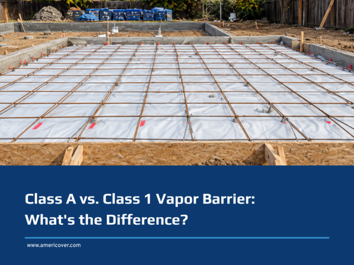 Class A vs Class 1 vapor barrier: white under-slab vapor barrier beneath a rebar grid in a formed concrete slab