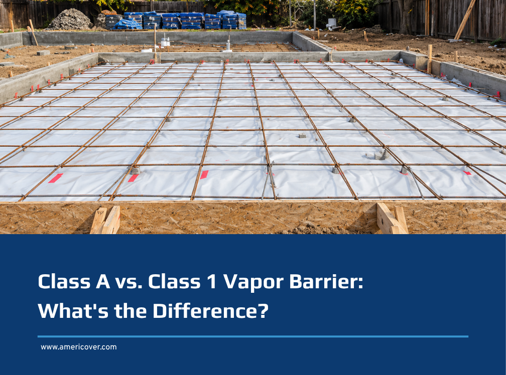 Class A vs Class 1 vapor barrier: white under-slab vapor barrier beneath a rebar grid in a formed concrete slab