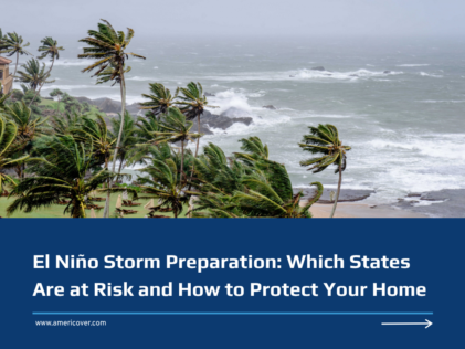 Palm trees bending in strong wind along a rocky coastline with rough, stormy surf, under the title “El Niño Storm Preparation: Which States Are at Risk and How to Protect Your Home.