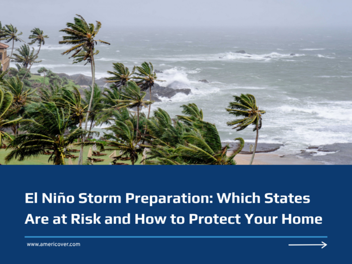 Palm trees bending in strong wind along a rocky coastline with rough, stormy surf, under the title “El Niño Storm Preparation: Which States Are at Risk and How to Protect Your Home.