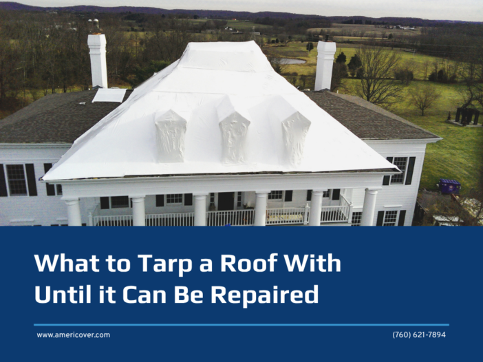 White heat shrink wrap covering the roof of a two-story colonial home, with the blog title What to Tarp a Roof With Until it Can Be Repaired
