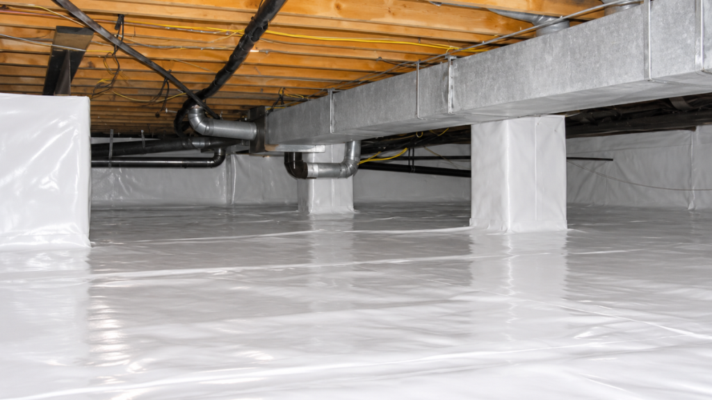 Pro Crawl Barrier white vapor barrier lining an encapsulated crawl space floor, walls, and piers below HVAC ductwork