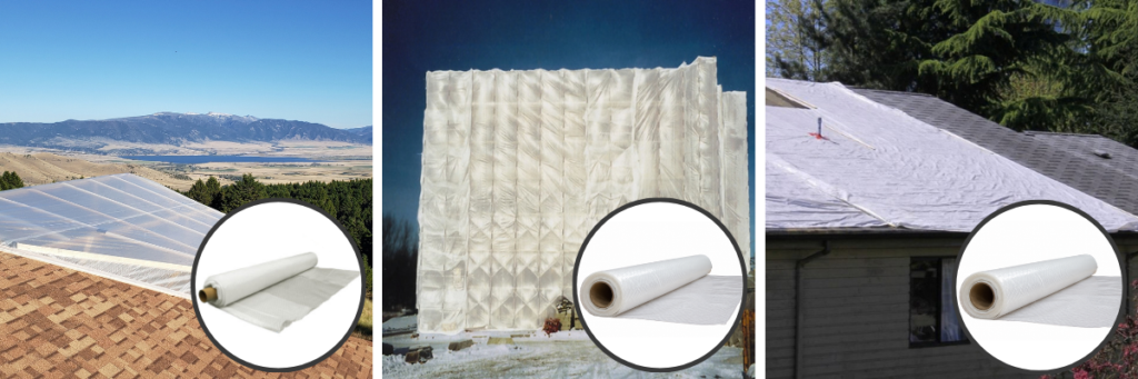 SolaScrim™ clear reinforced sheeting covering a house roof, 10 mil Clear Dura-Skrim® wrapping a building, and 20 mil Dura Skrim® white sheeting on a roof, each shown with a product roll.