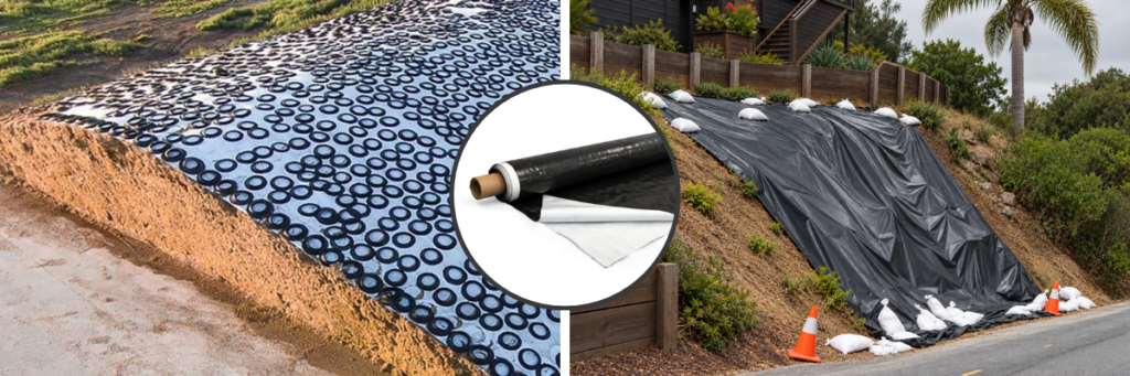 Black White Dura-Skrim® reinforced plastic sheeting weighed down with tires on a soil pile and with sandbags on a residential hillside.