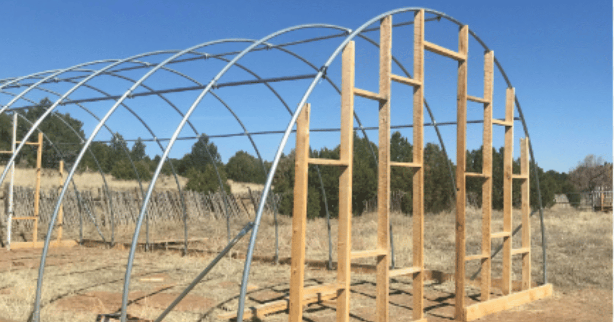 A recently built greenhouse ready for a plastic sheeting cover.