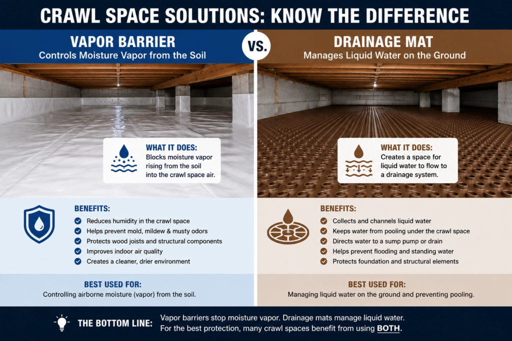 The difference between a vapor barrier and drainage mat