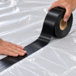 Hands pressing black R25B Tape over a seam in clear reinforced plastic sheeting.